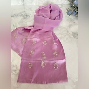 100% Silk Vintage Lavender Scarf with White Flower Embroidery